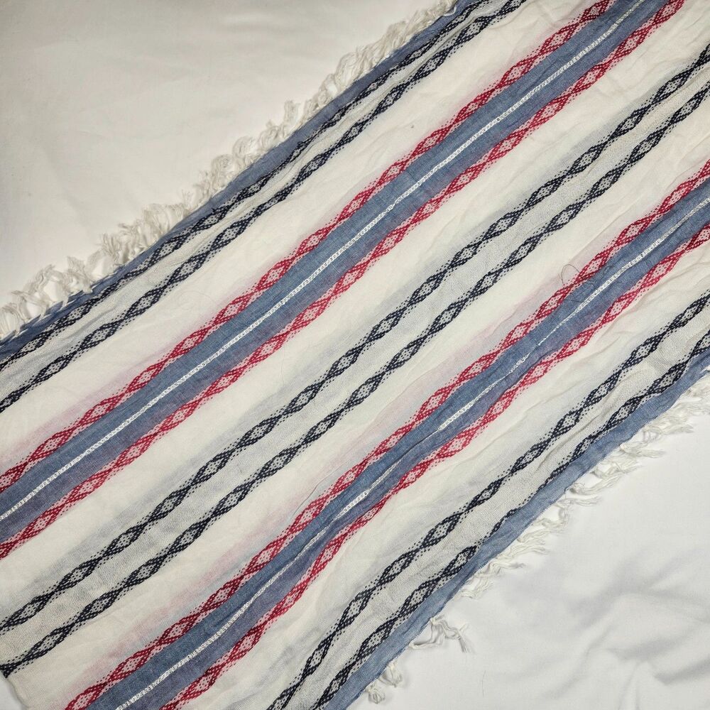 Red White Blue Geometric Gauzy Boho Fringe Infinity Scarf Metallic Shimmer 68x17